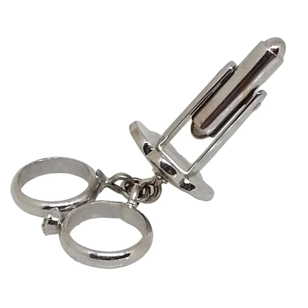 Silver Tone Wedding Ring Cufflinks Double Band Vintage Groom Mens Anniversary